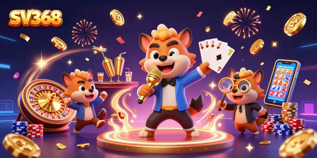 Experience the fun at SV368 with hyenas in a vibrant casino scene, winning coins and laughter.