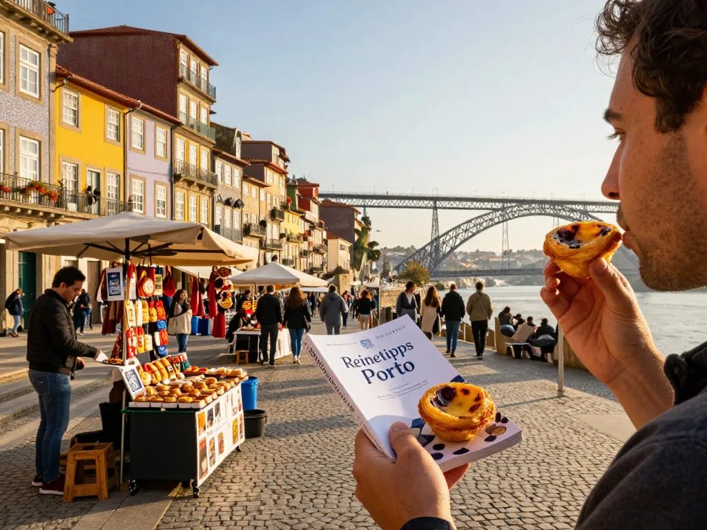 Reisetipps Porto: Reisender genießt die lebhaften Straßen von Porto mit pastel de nata und Reiseführer.