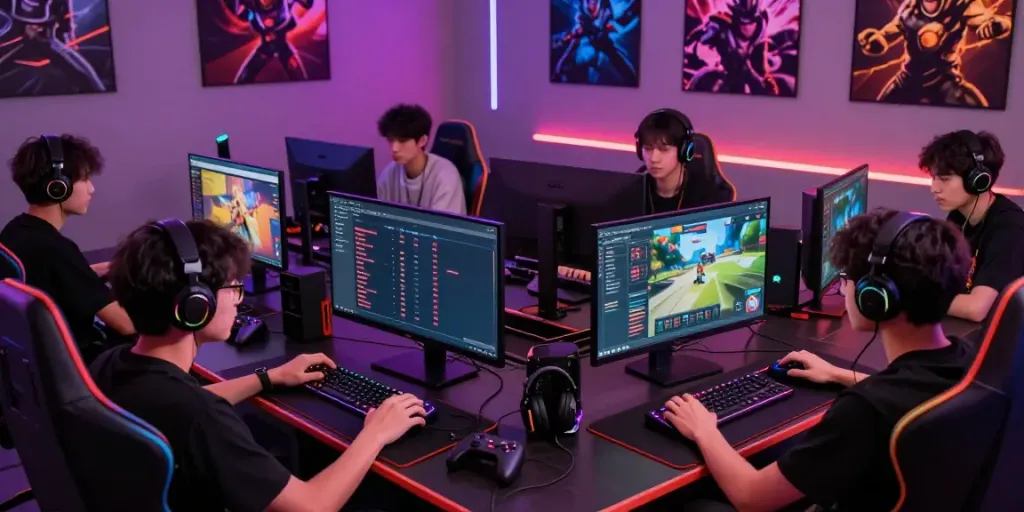 Players enjoying competitive games at Man88, showcasing vibrant digital interfaces and gaming setups.