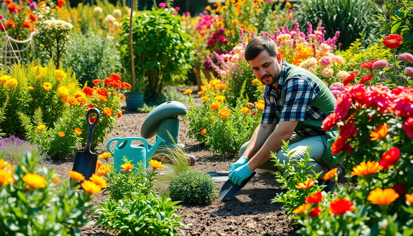Gartenbaubetrieb arbeitet in einem lebendigen Garten mit farbenfrohen Blumen.
