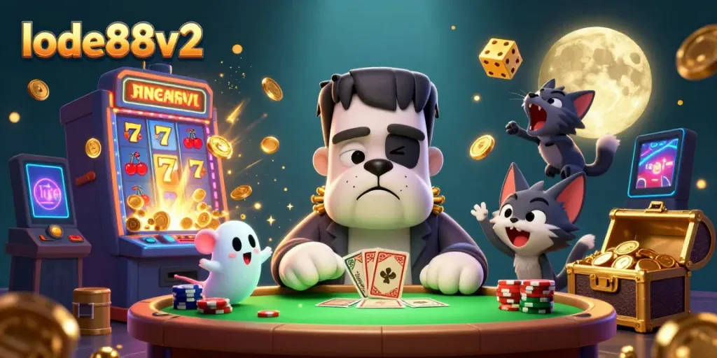Join the lode88v2 gaming fun at a vibrant, magical casino table with thrilling characters!