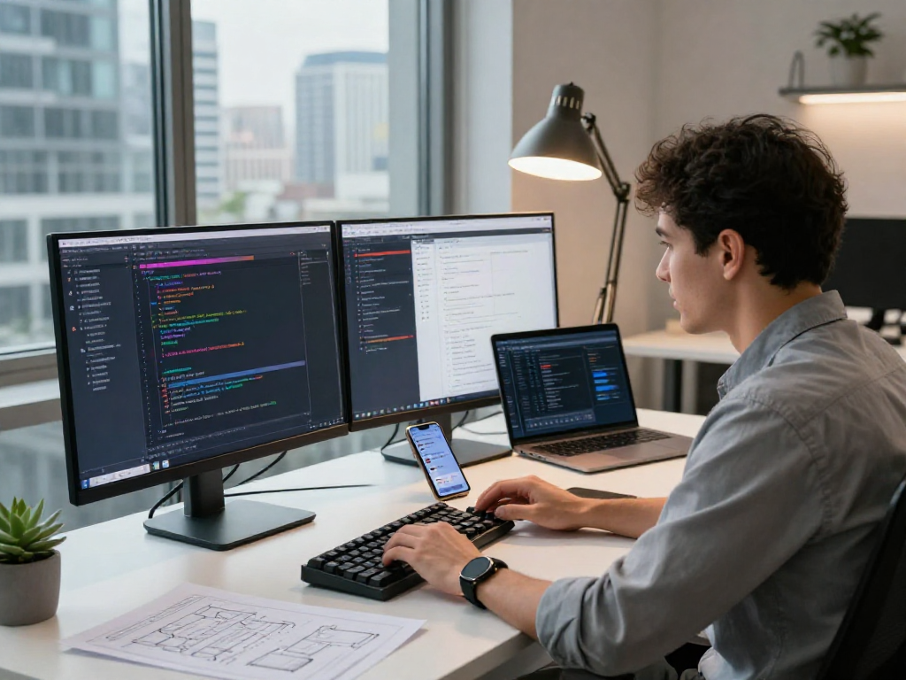 Innovative tech workspace featuring a developer at dual monitors showcasing http://debet-app.com design and code.