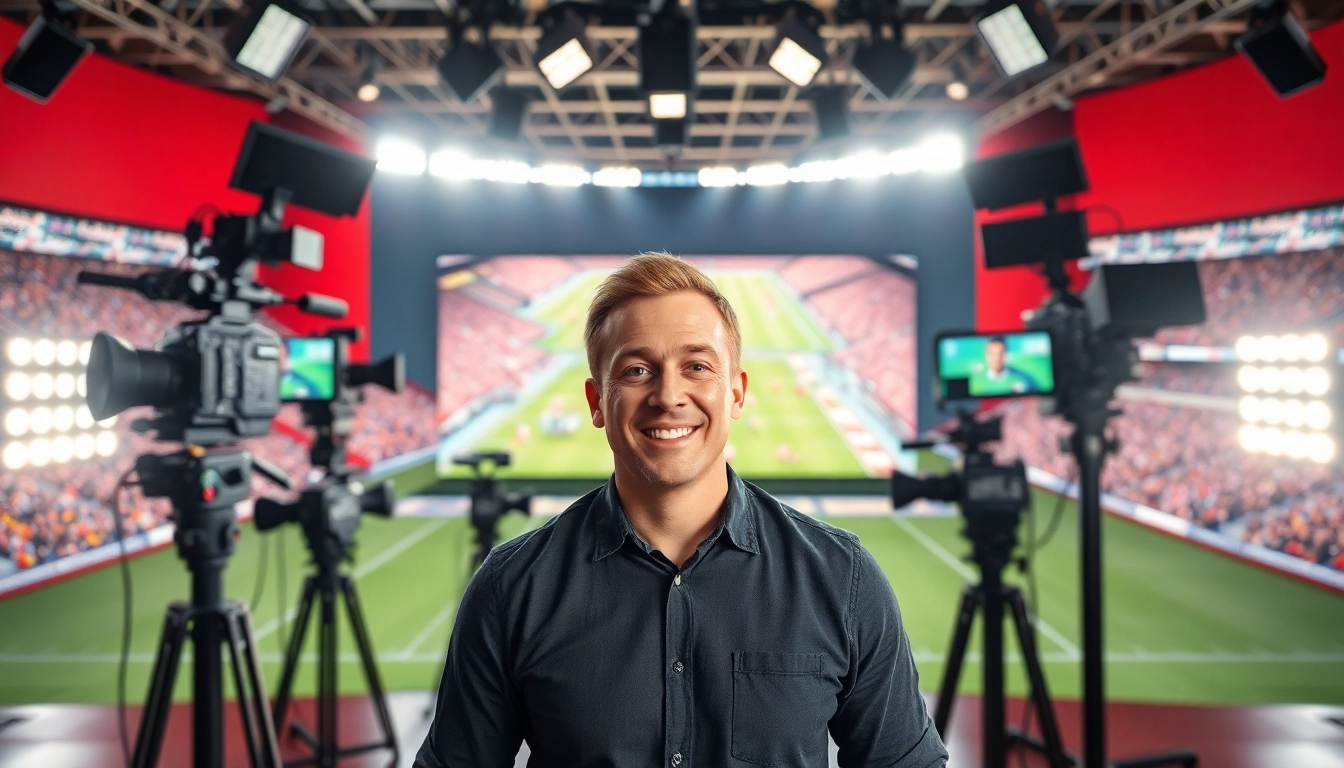 Captivating sports broadcasting scene showcasing a dynamic commentator and vibrant visuals.