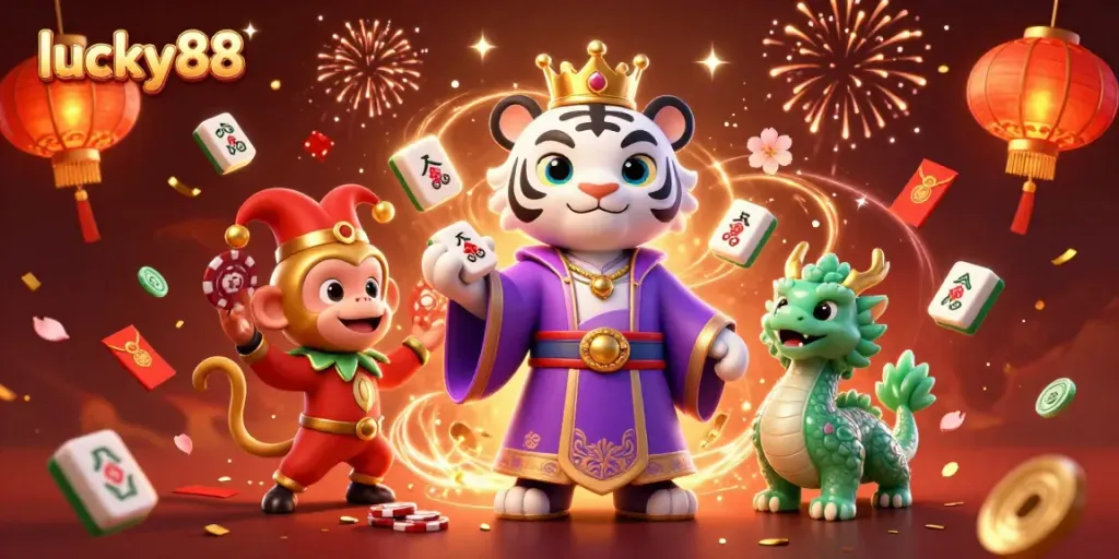 Engage with lucky88 through this vibrant casino scene featuring a jester monkey, royal tiger, and vibrant decorations.