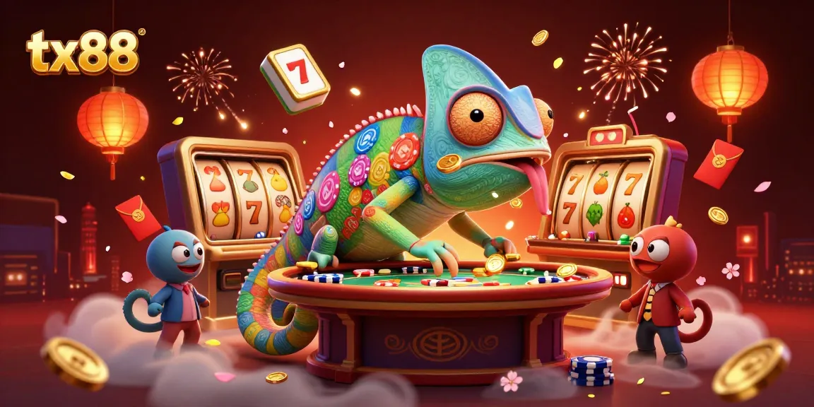 Experience excitement at tx88 casino with vibrant 3D chameleon owner among festive gambling elements.