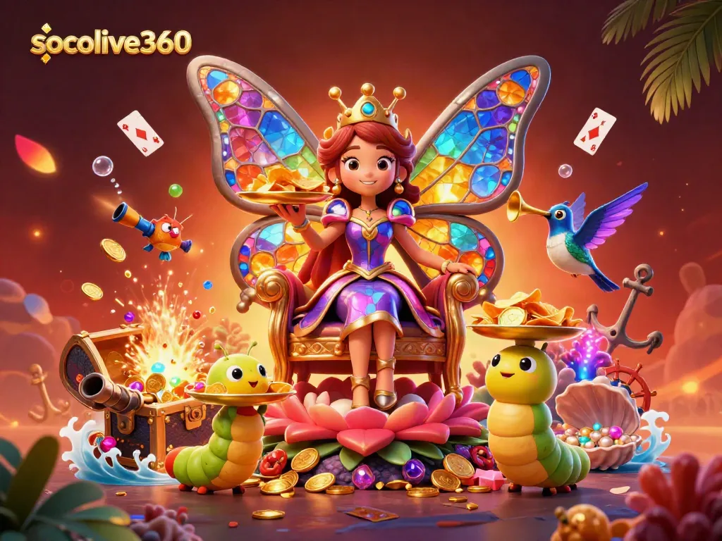 Experience the vibrant world of socolive360 with fantasy elements showcasing casino creativity, featuring a butterfly queen and treasures.