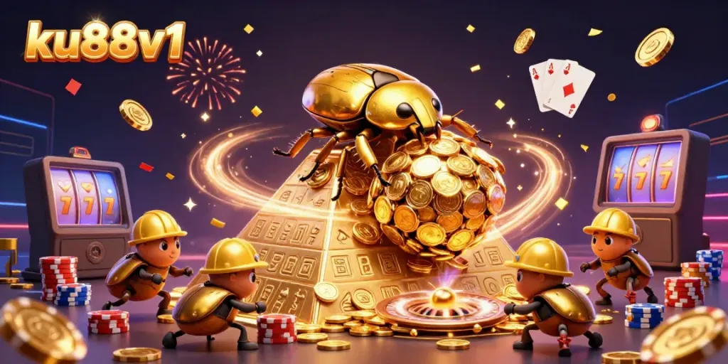 Engage with gaming excitement as ku88v1 features a golden dung beetle navigating a pyramid of coins.