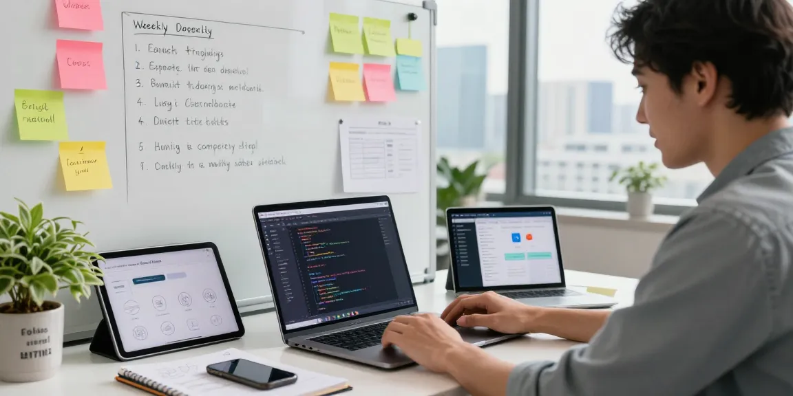 Build internal tools with AI in a modern office workspace featuring a developer coding on a laptop surrounded by project notes.