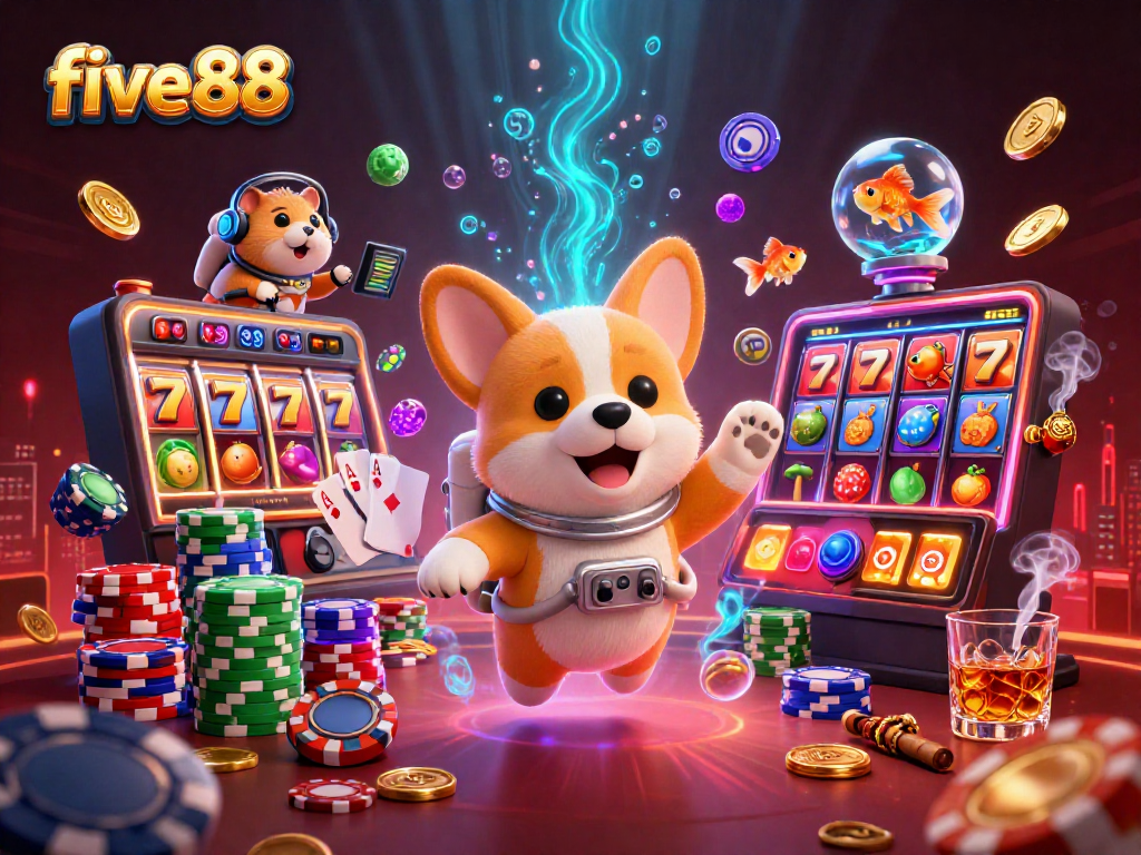 Experience the excitement of five88 casino with a playful astronaut corgi amidst drifting poker chips and joyful gaming elements.