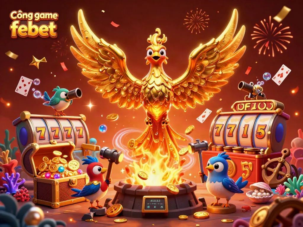 Engage with Cổng game febet through a vibrant 3D casino scene showcasing a golden phoenix and rich game elements.