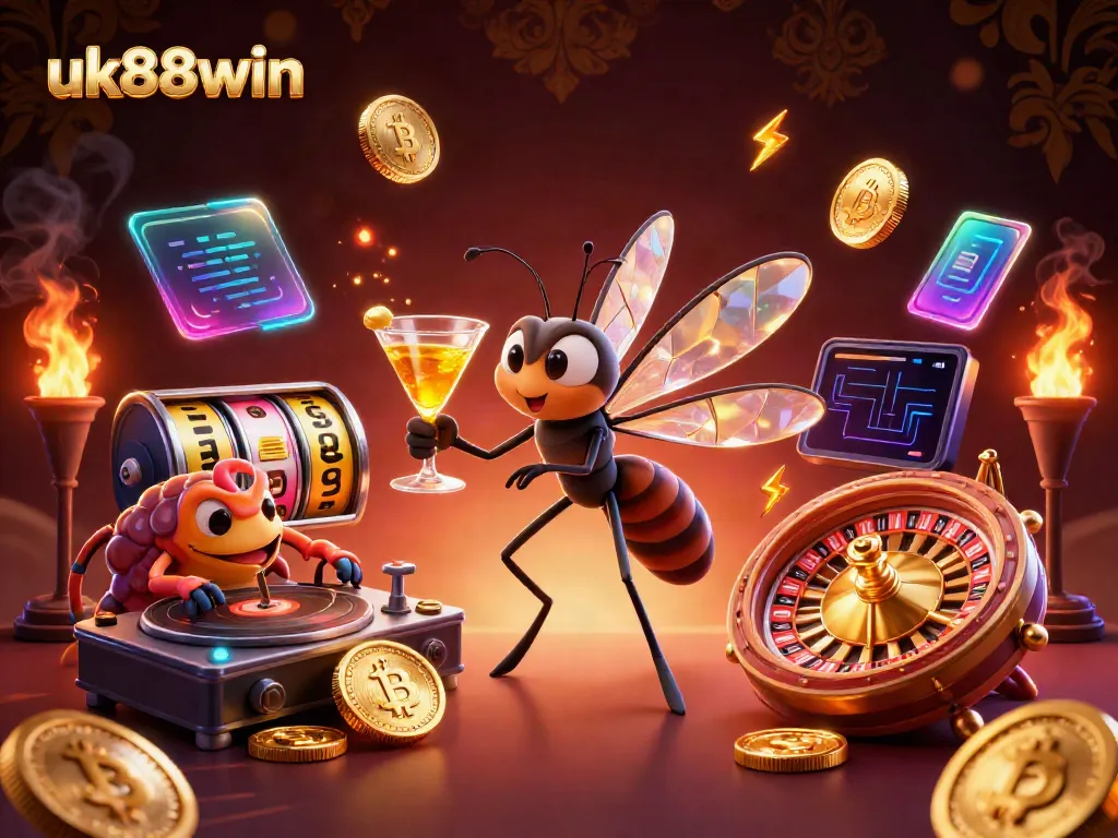 Experience the excitement of uk88win with a lively casino mascot and golden roulette surrounded by dynamic gaming elements.