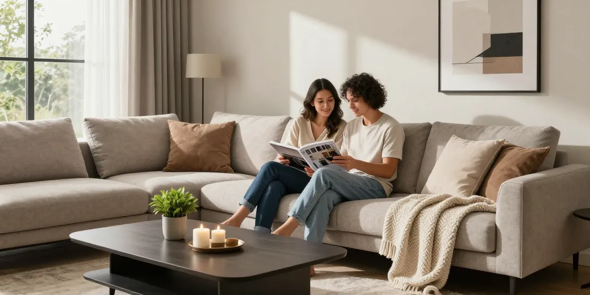Moderne Wohnzimmer-Szene für möbel kaufen, die ein stilvolles Ecksofa und gemütliche Dekorelemente zeigt.