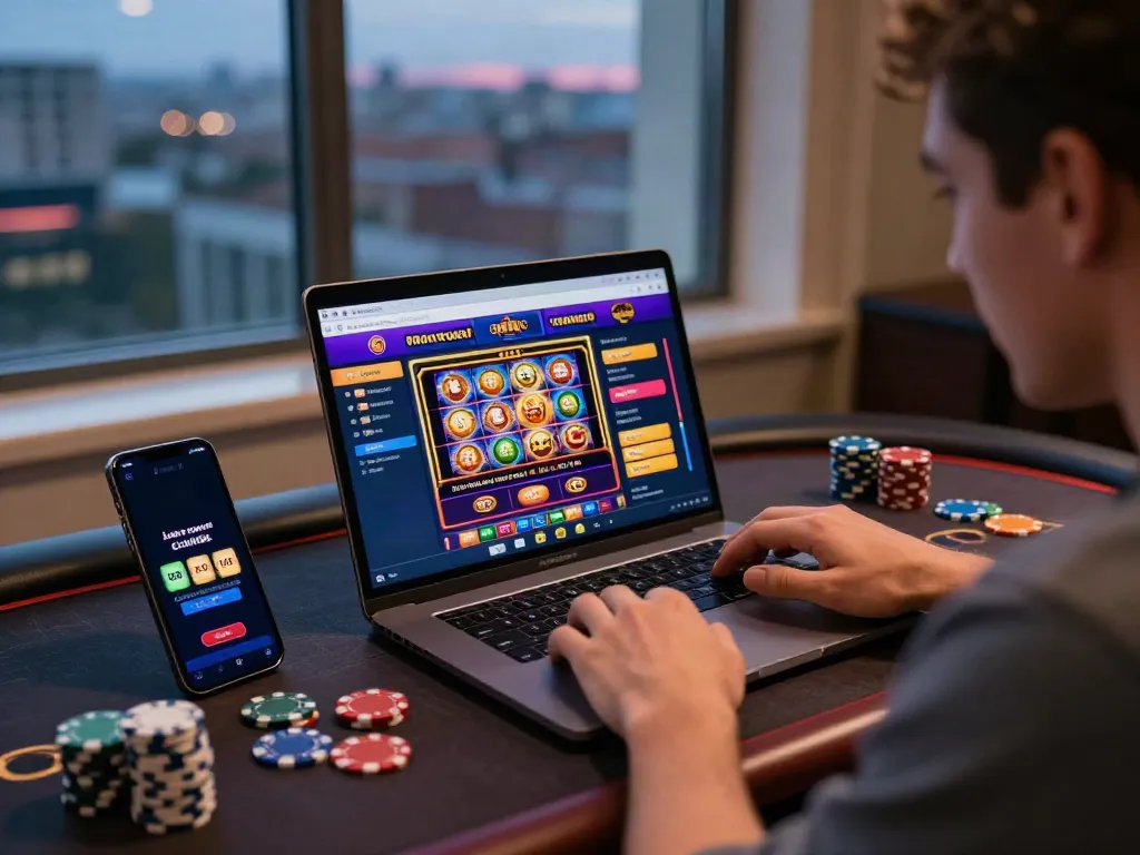 Engaged player exploring online credit card casinos on a laptop amidst a cozy gaming atmosphere.