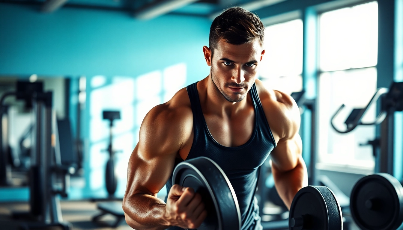 Clenbuterol kaufen für effektives Training: Athlet beim kraftvollen Workout in einer modernen Fitnessumgebung.