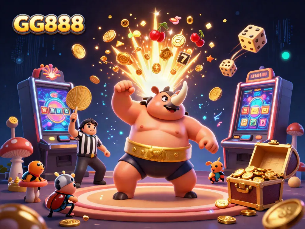 Experience the thrill of GG888 with a vibrant 3D sumo beetle champion amid a dazzling casino scene.
