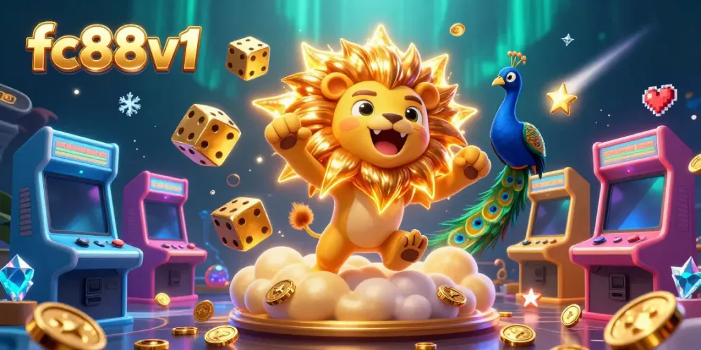 Engage with exciting games at fc88v1, featuring stunning 3D casino illustrations of a roaring sun lion and vibrant game elements.