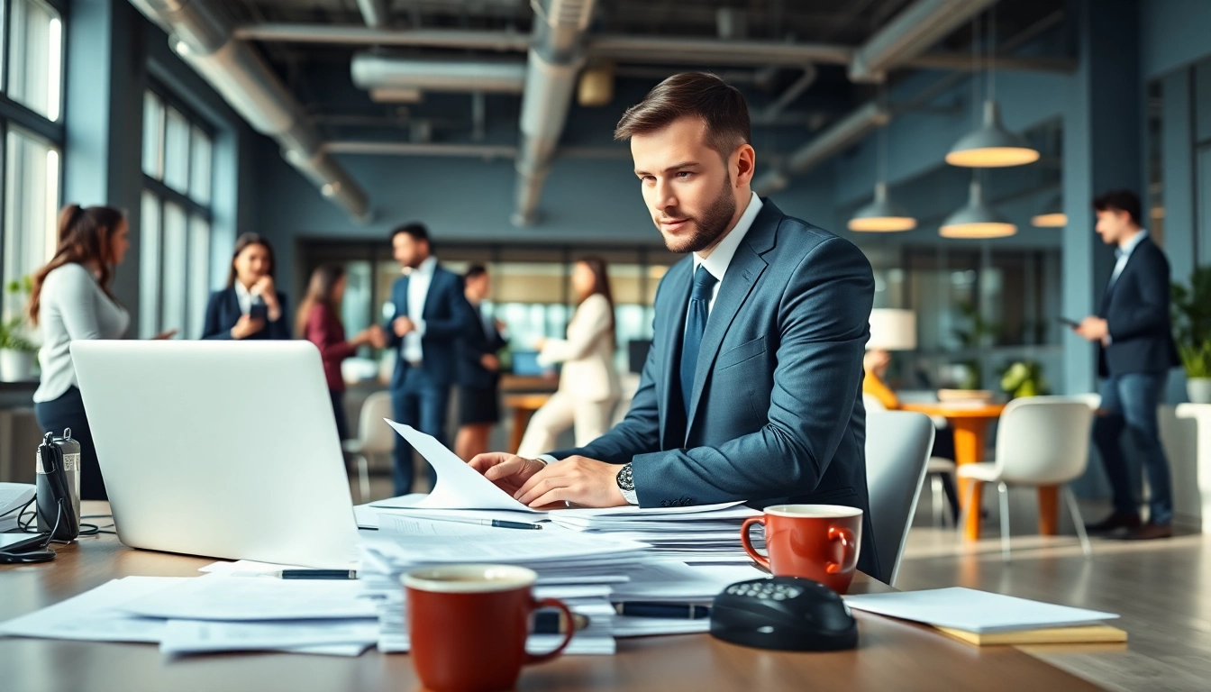 Headhunter Ingenieure engaged in a vibrant office setting, assessing resumes and collaborating with colleagues.
