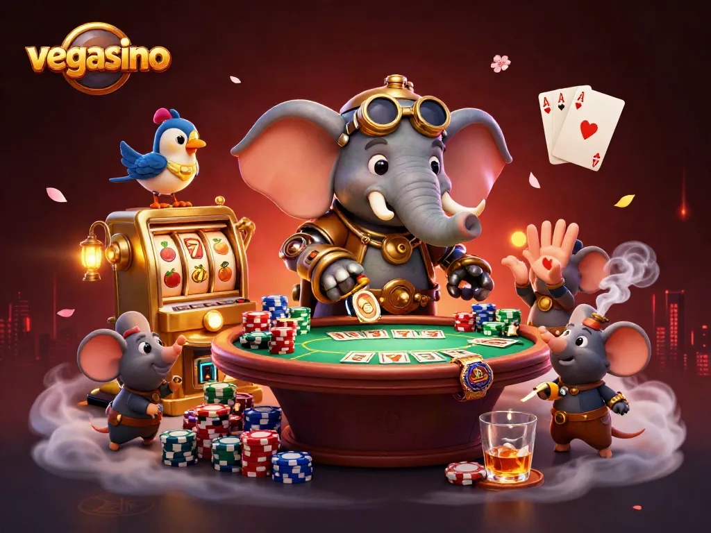 Engage with vegasino through an immersive 3D casino scene featuring steampunk characters and dynamic game elements.
