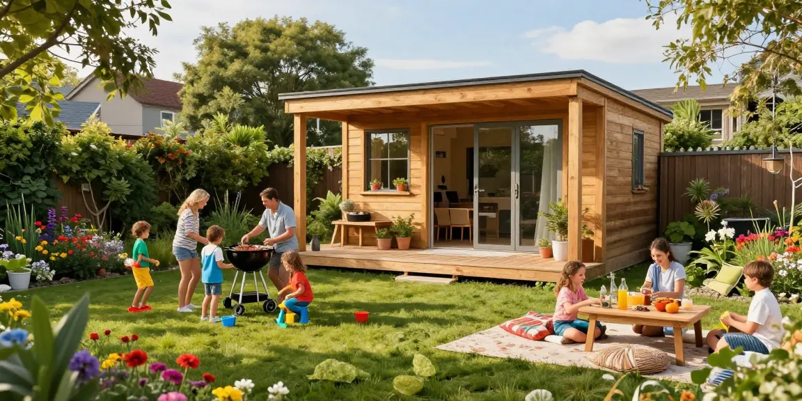 Stilvolles Gartenhaus in einem schönen Garten mit Familie beim Grillen und Spielen.