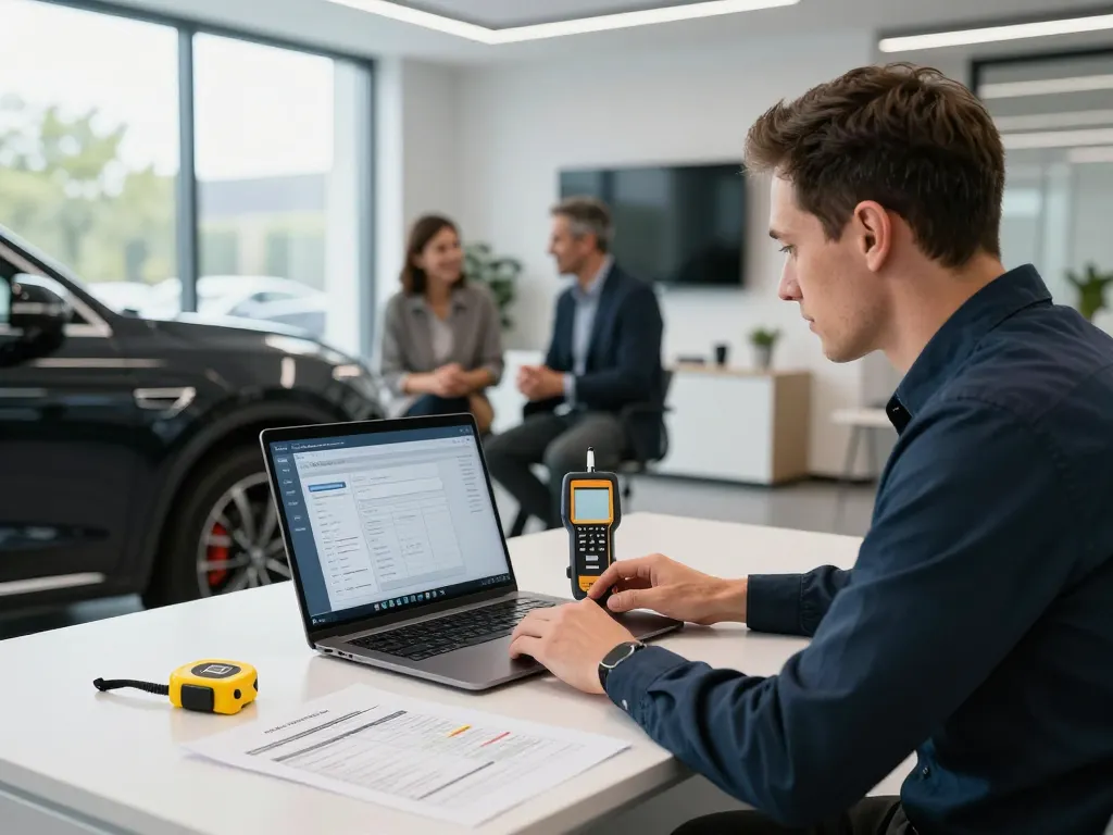 Fachkundiger Kfz Gutachter in Bonn bewertet ein Fahrzeug in einem modernen Büro mit Werkzeugen und Analysen im Blick.
