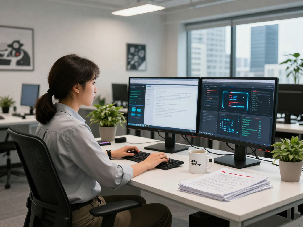 Engaging tech workspace for document fraud detection analysis with multiple monitors, highlighting data verification strategies.