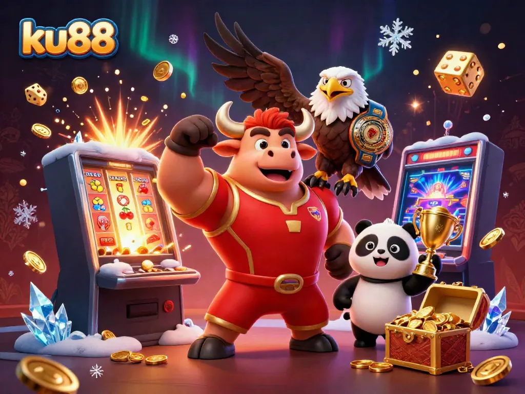 Experience thrilling wins with ku88's jackpot celebration featuring a bull mascot and panda in a casino