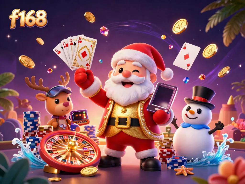 Experience excitement at f168 with Santa and friends celebrating jackpots in an engaging casino scene.