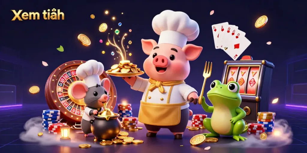 Xem thêm exciting moments of a cartoon casino scene with characters serving gold coins, showcasing gambling elements.