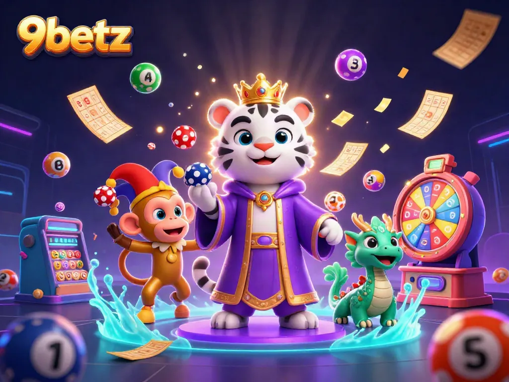 Engage with the vibrant world of 9betz featuring a triumphant casino scene with playful characters and dynamic gambling elements.
