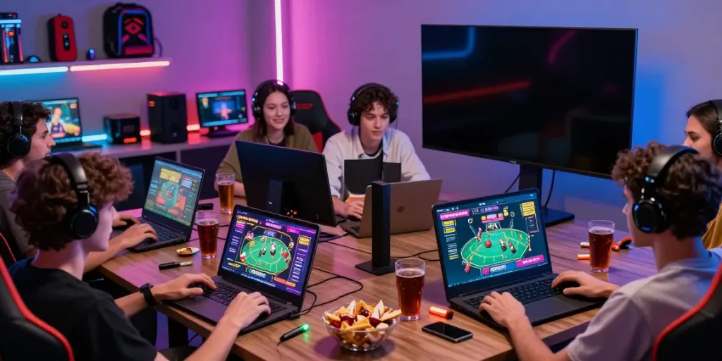 Experience online gaming at https://gem88.bz/ with friends enjoying a vibrant gaming atmosphere.