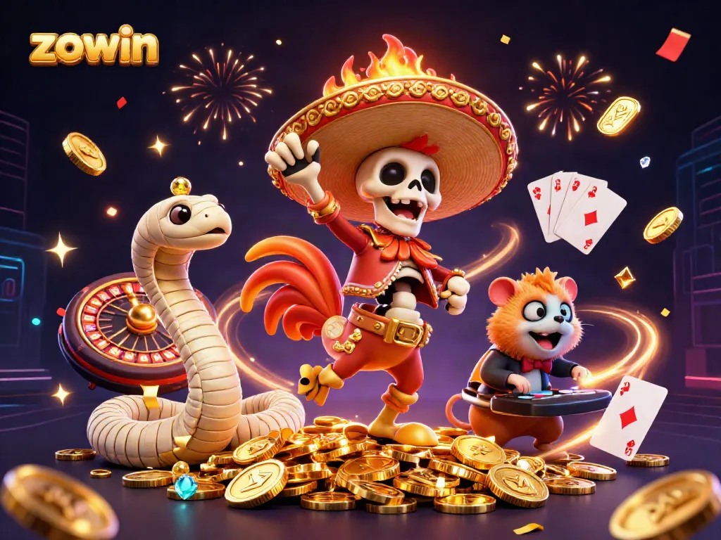 Zowin triumphantly celebrates with a dynamic casino scene featuring animated characters and vibrant gaming elements.