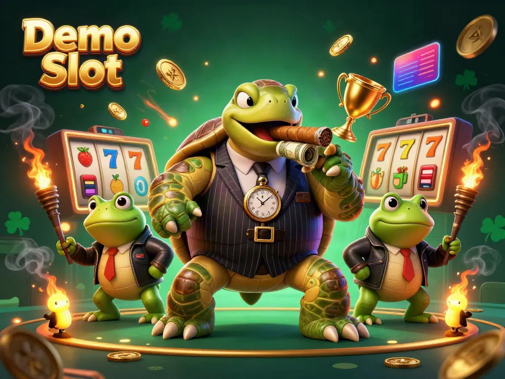 Play Demo Slot with colorful jackpot animations featuring a snapping turtle and bullfrogs in a vibrant casino scene.